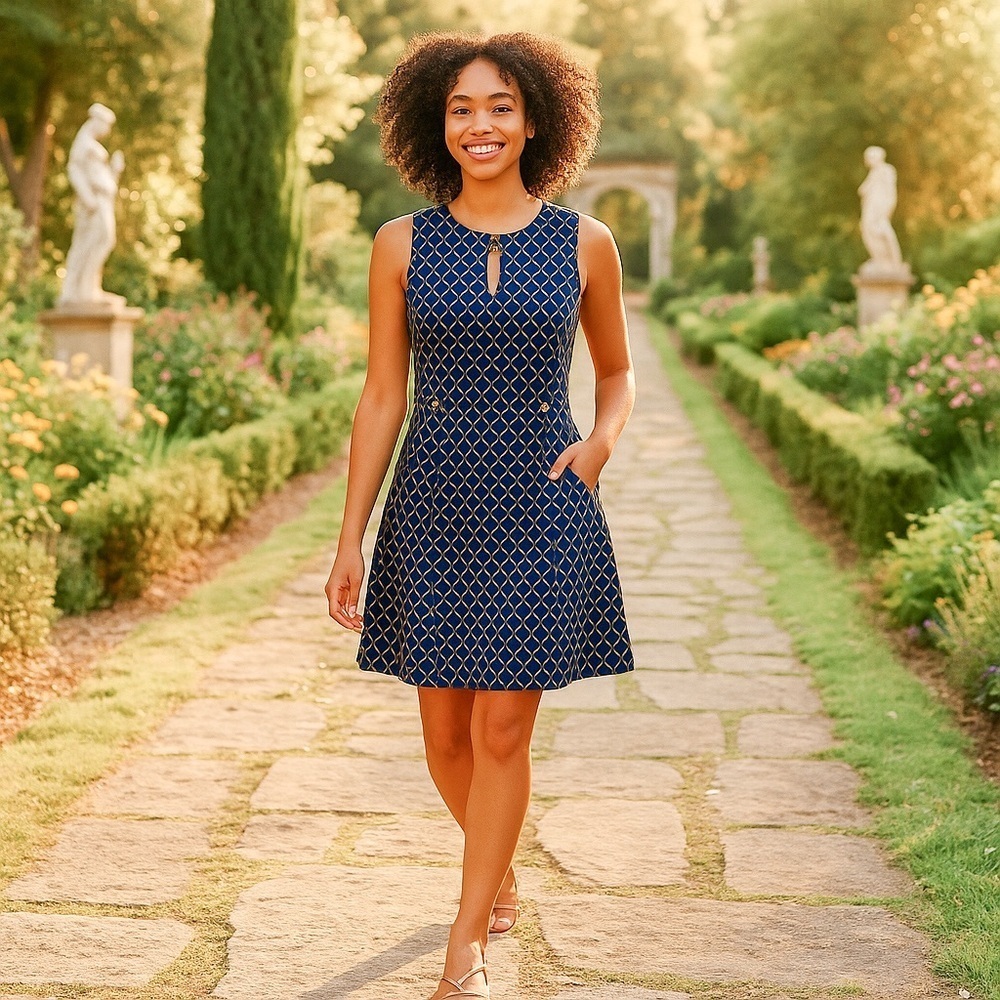 Tabitha Anthropologie Womens Navy Geometric A Line Mini Dress Size 4 Retro Chic